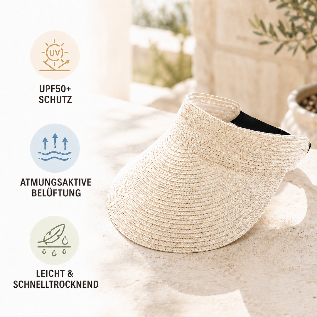 Vandra Sonnenschirm in Khaki mit UV-Schutz, Atmungsaktivität und Leichtigkeit Symbolen.