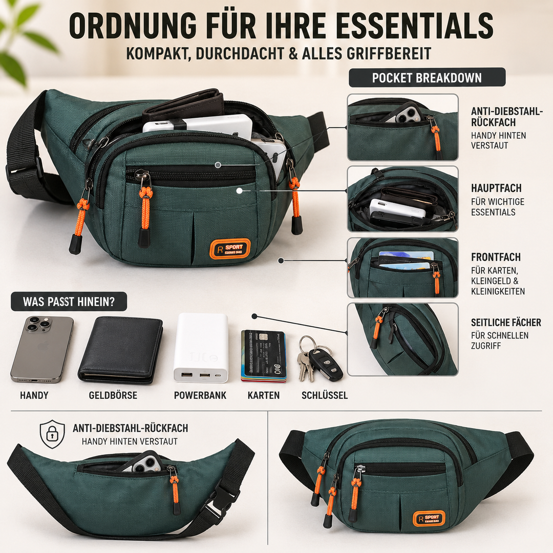 Graue Unisex Hüfttasche, wasserdicht, geräumig für Outdoor-Aktivitäten & Pendler.