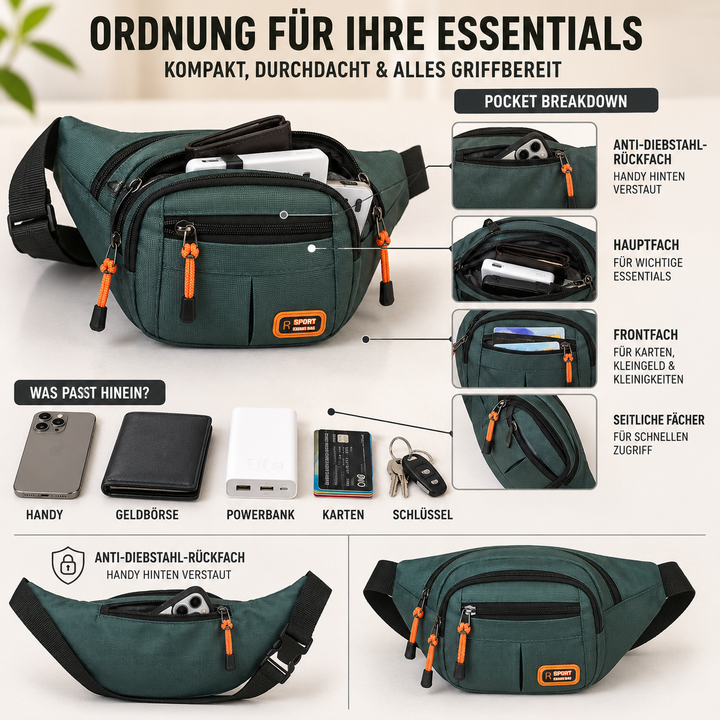 Graue Unisex Hüfttasche, wasserdicht, geräumig für Outdoor-Aktivitäten & Pendler.
