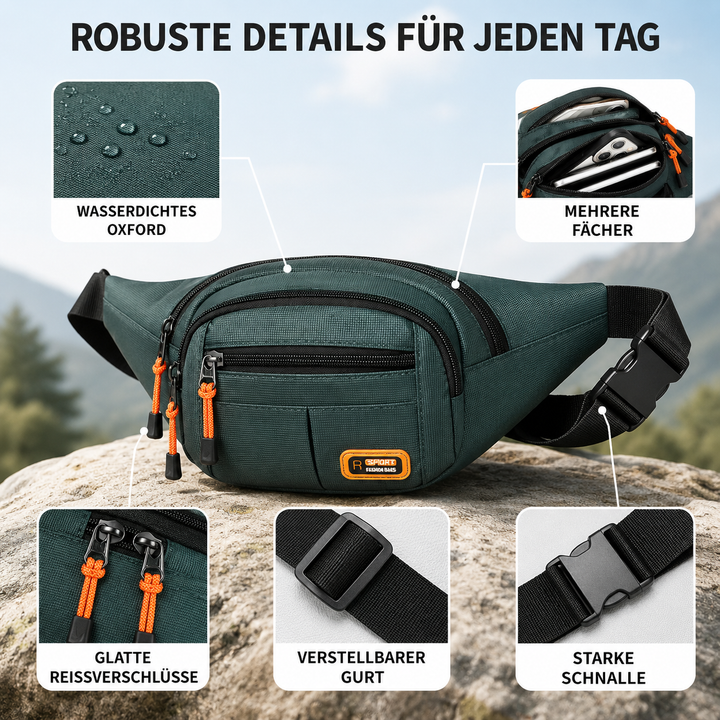Grüne, wasserdichte Gürteltasche aus Oxford, optimal für Sport, Reisen & Organisation.