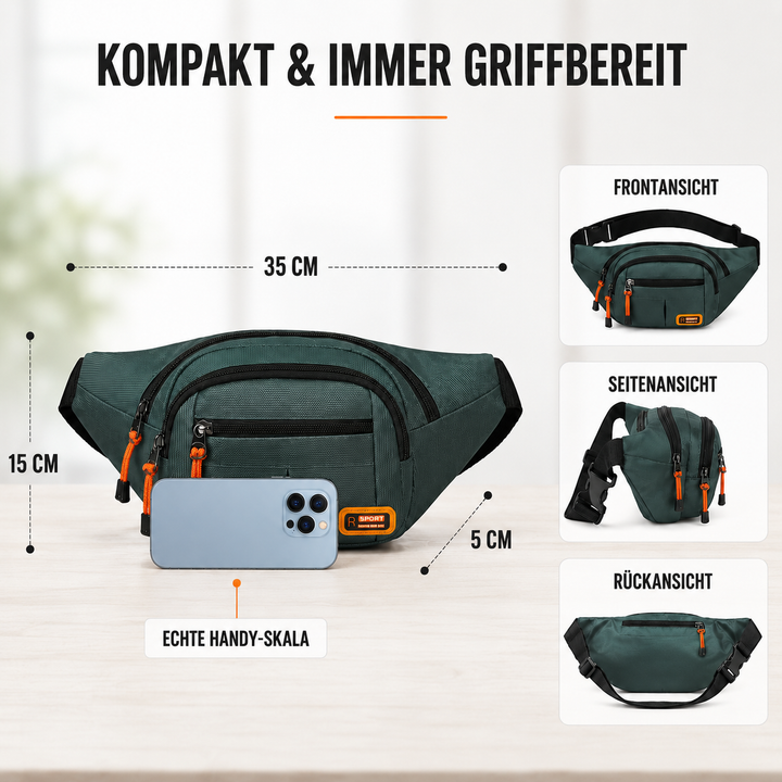 Schwarze, robuste Unisex Hüfttasche, wasserdicht, ideal für Pendler & Outdoor-Abenteuer.