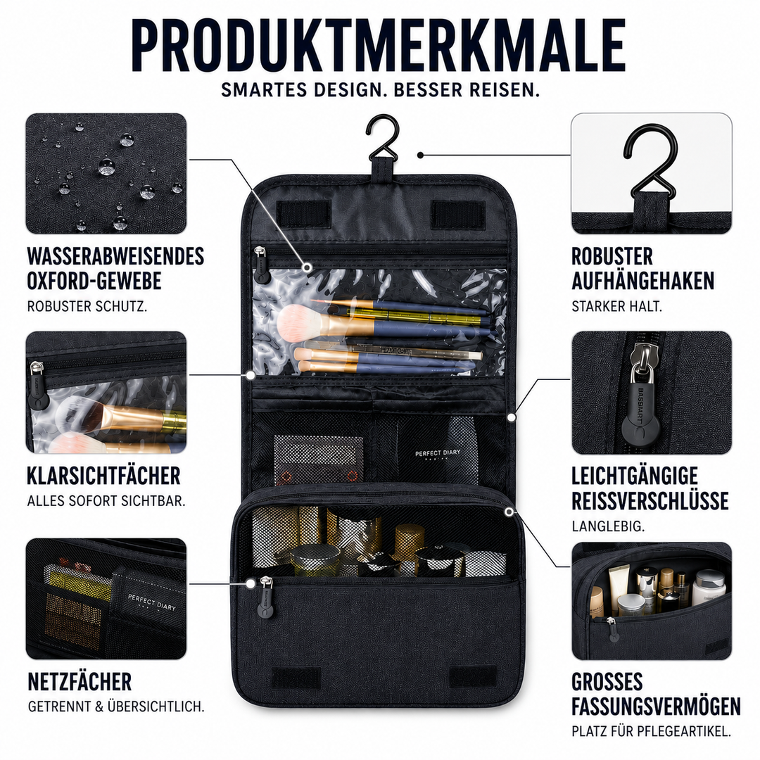 Geräumiger Reise-Organizer, unisex, mit vielen Fächern für Kosmetiktasche & Toilettenartikel.
