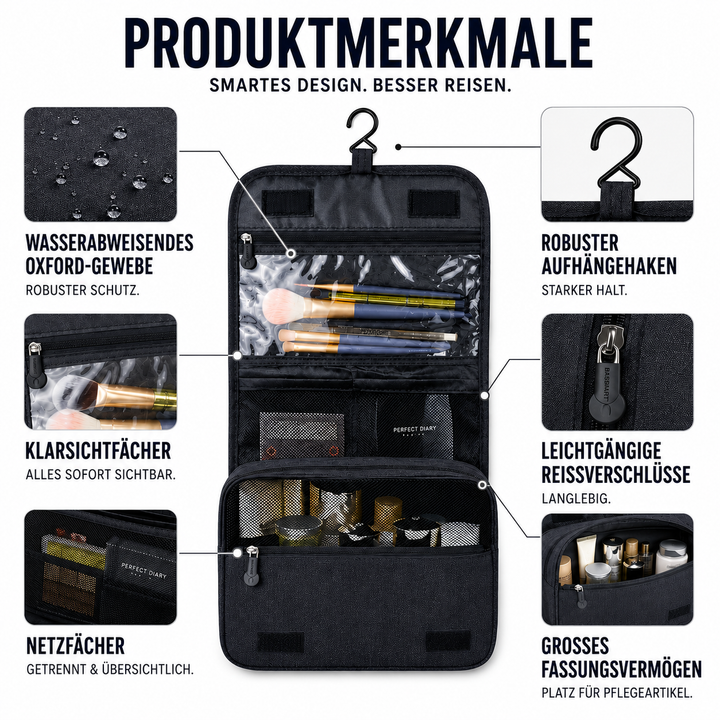 Geräumiger Reise-Organizer, unisex, mit vielen Fächern für Kosmetiktasche & Toilettenartikel.
