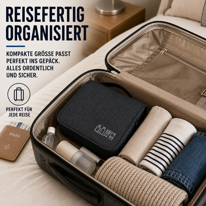 Elegante, geschlossene, wasserdichte Reise-Kulturtasche, kompakt & leicht für jedes Reisegepäck.