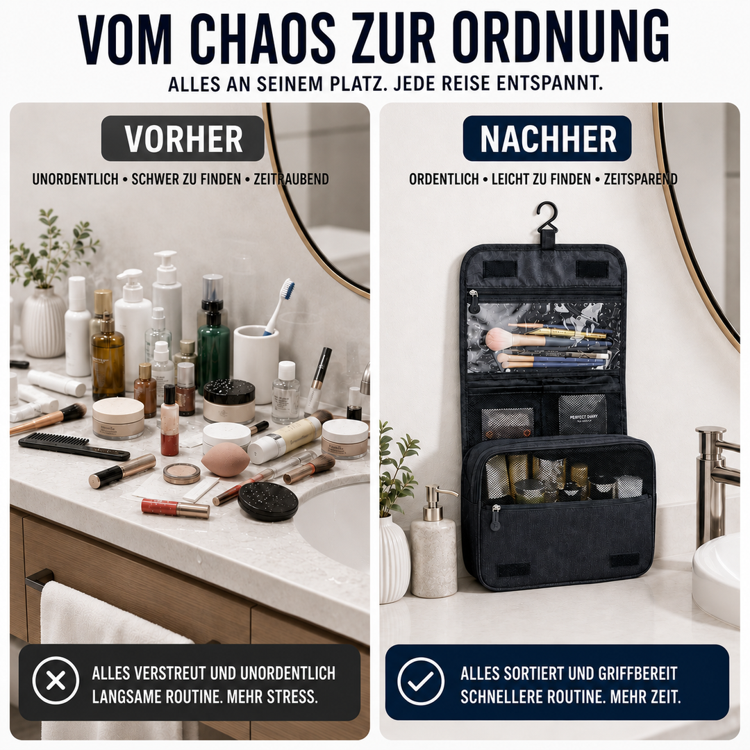 Offene Hänge-Kulturtasche, leer, zeigt alle Fächer für optimale Reiseorganisation & Überblick.