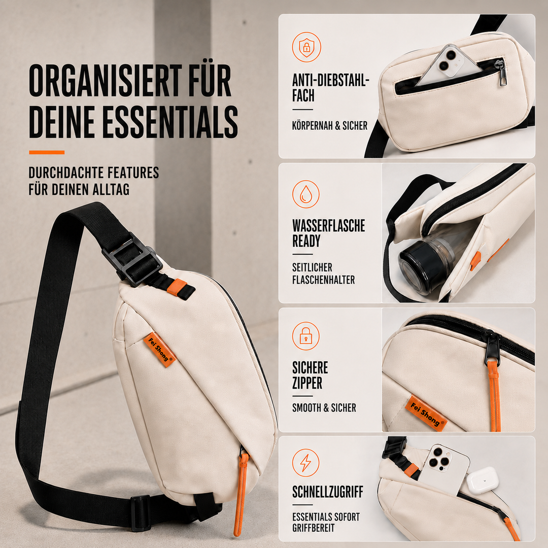 Moderne Crossbodytasche, unisex, wasserabweisend, sicher für Wertsachen bei Outdoor-Aktivitäten.