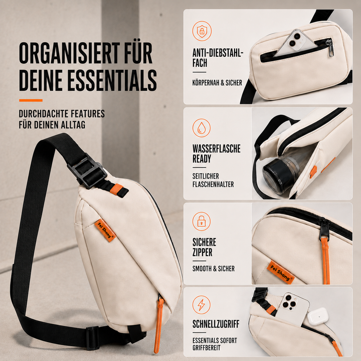 Moderne Crossbodytasche, unisex, wasserabweisend, sicher für Wertsachen bei Outdoor-Aktivitäten.