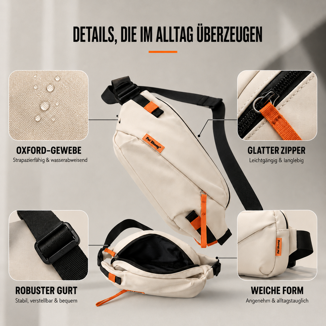 Dunkle Unisex Umhängetasche aus Oxford, mit Reißverschlussfächern für Handy, Schlüssel & Geldbörse.