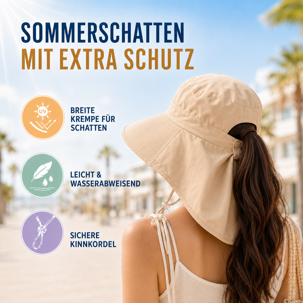Leichter Sommer-Sonnenhut mit Nackenschutz, UV-Schutz & breiter Krempe für Strand & Gartenarbeit.