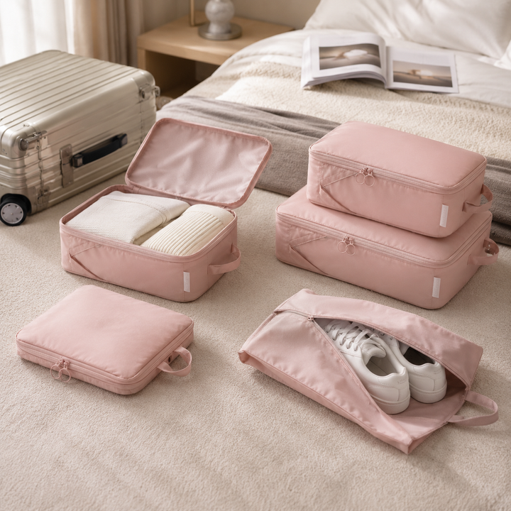 Alles-in-Einem Reise Organizer Set im Koffer arrangiert