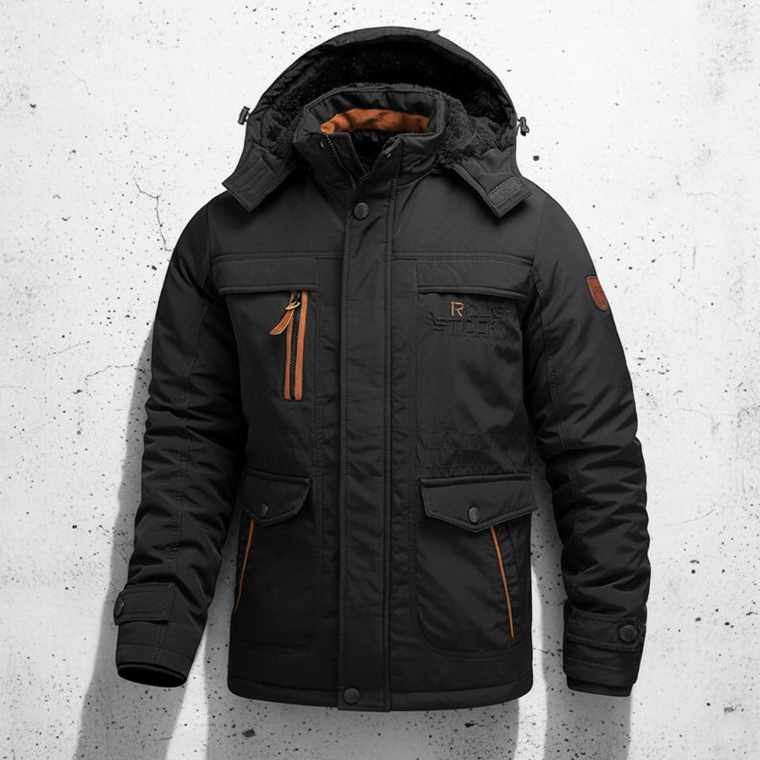 Herren Winterparka in Schwarz mit warmer Kapuze und großen Cargotaschen