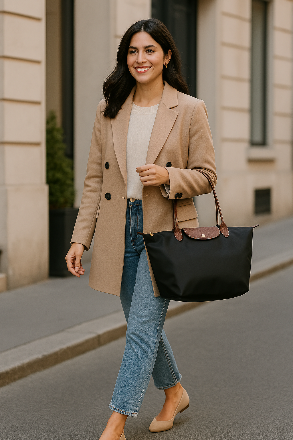 Celeste Handtasche in Marineblau mit braunen Ledergriffen und Klappe.