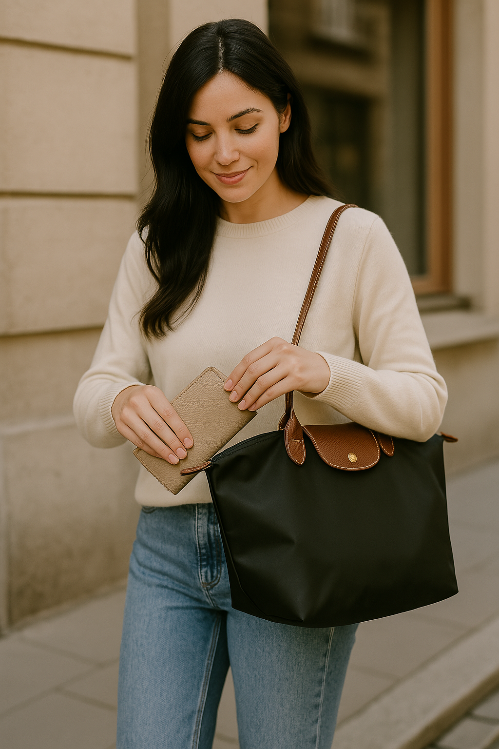 Celeste Handtasche in Kaffee mit braunen Ledergriffen und Tragegriffen, elegant und geräumig.