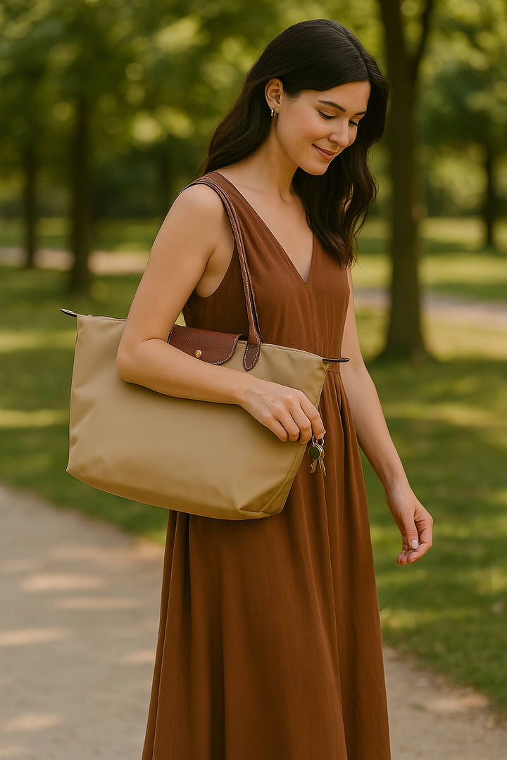 Celeste Handtasche in Schwarz mit braunen Griffen und offenem Innenfach, elegant und geräumig.