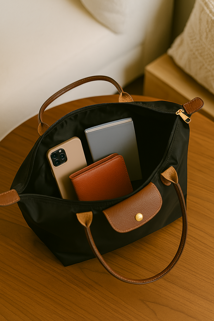 Celeste Handtasche in Marineblau mit braunen Ledergriffen, stilvoll und geräumig.
