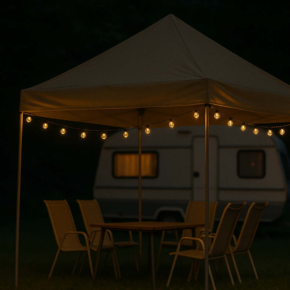 Warmweiße LED Lichterkette für zauberhafte Terrassen- & Balkondekoration. Schafft gemütliches Ambiente außen.