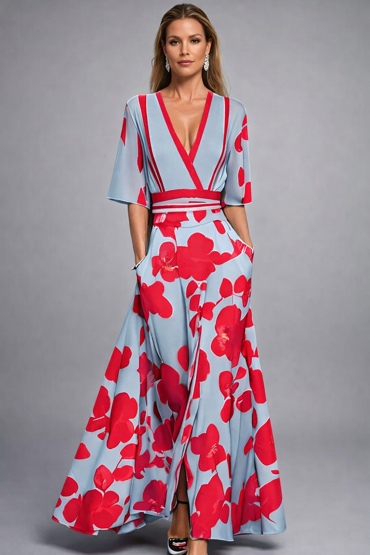 Damen Maxikleid in Rot und Hellblau mit Blumenmuster und Wickeloptik