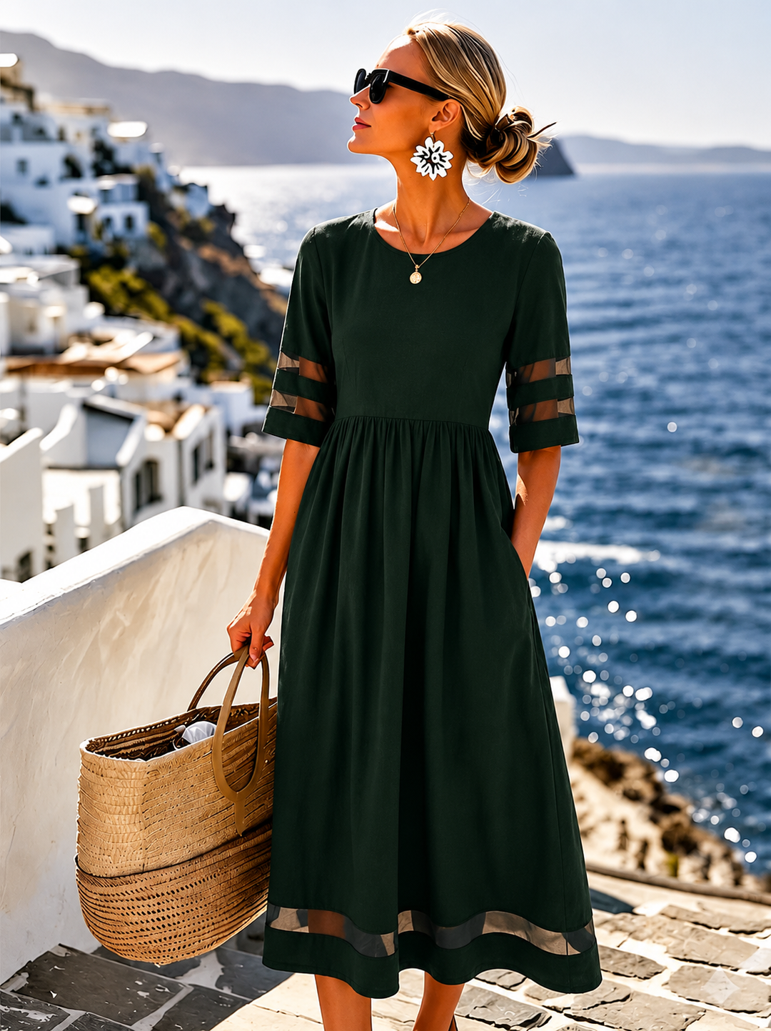 Damen Midi-Kleid in Grün mit halben Ärmeln und fliessendem Stoff