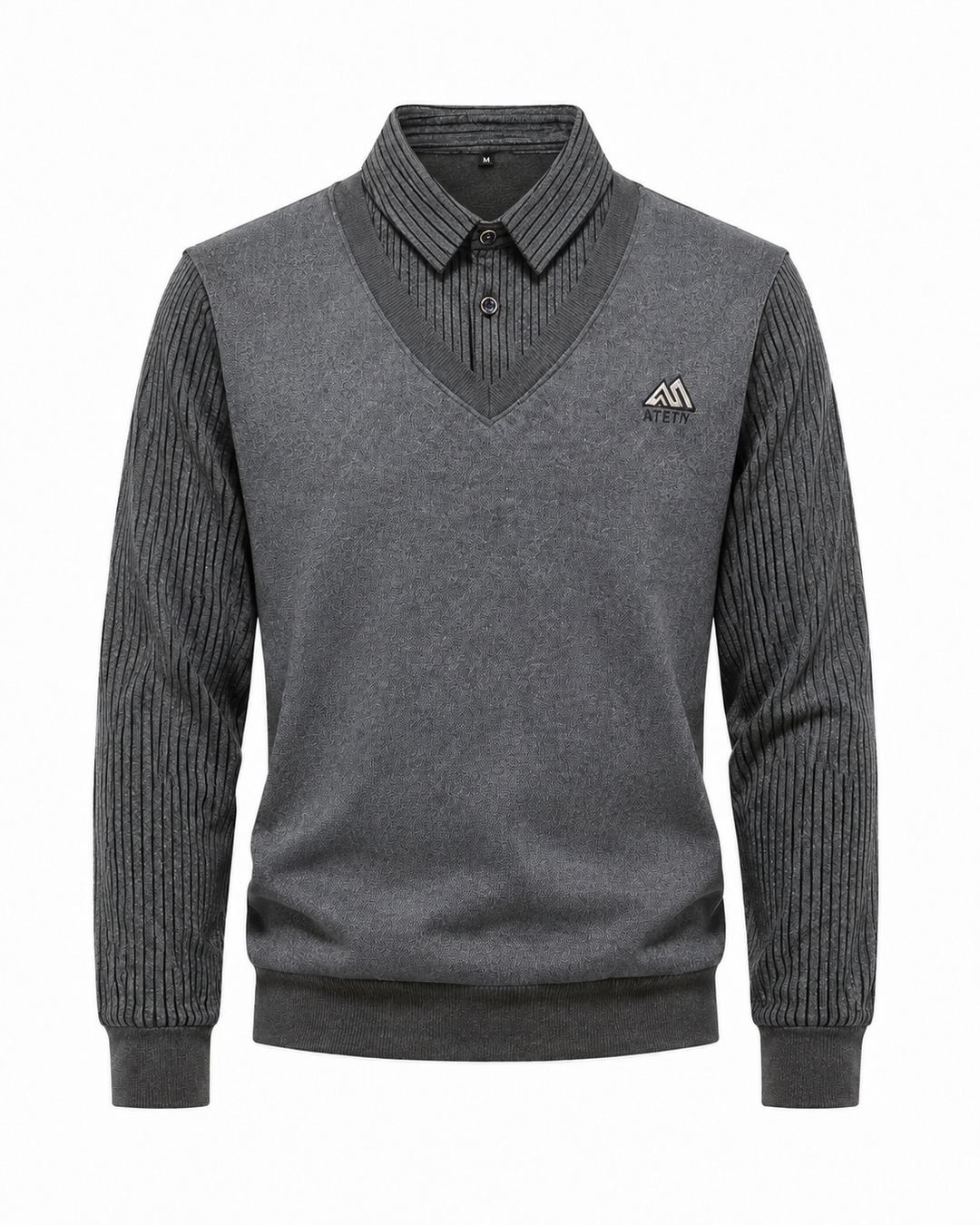 Herren 2-in-1 Pullover in Dunkelgrau mit Hemdkragen und V-Ausschnitt