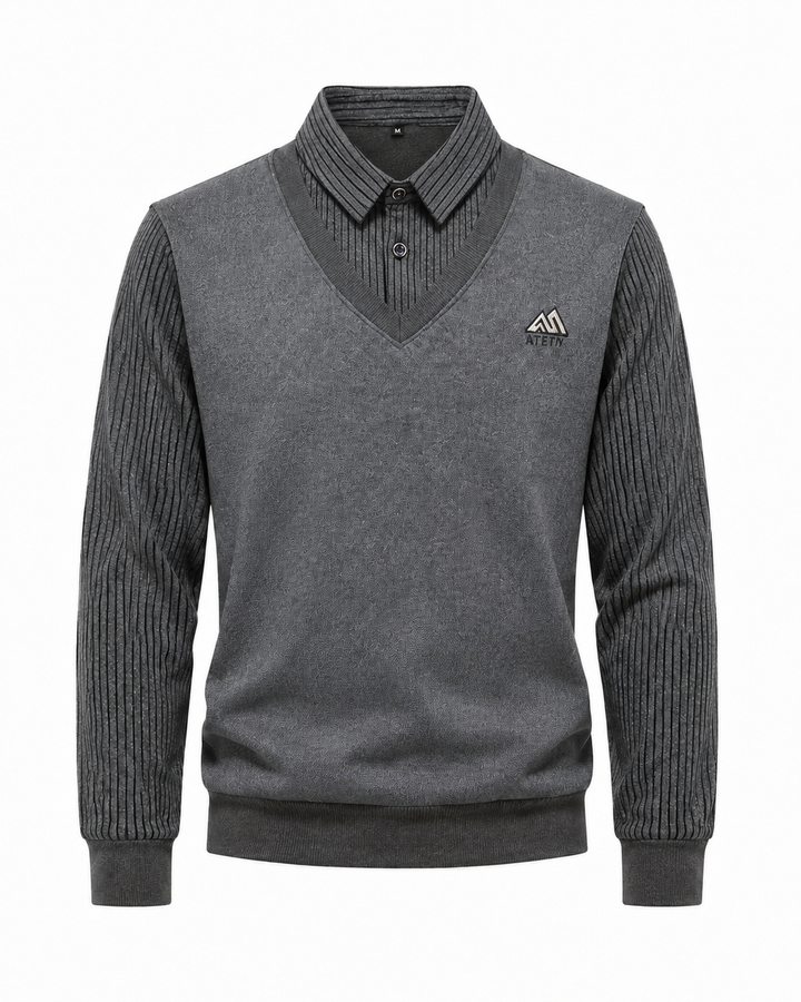 Herren 2-in-1 Pullover in Dunkelgrau mit Hemdkragen und V-Ausschnitt