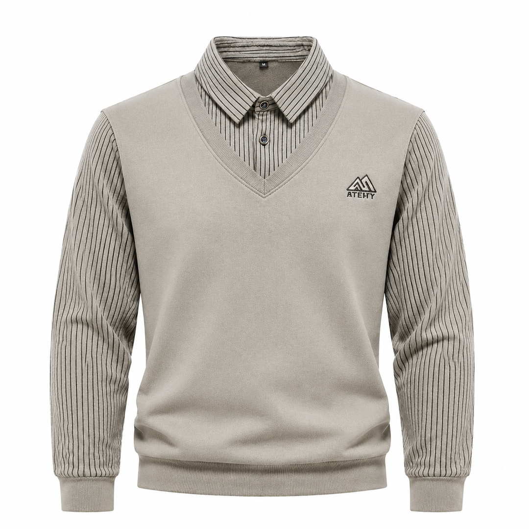 Herren 2-in-1 Strickpullover in Marineblau mit integriertem Hemdkragen für Business-Casual