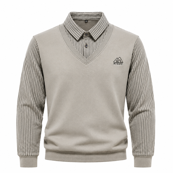 Herren 2-in-1 Strickpullover in Marineblau mit integriertem Hemdkragen für Business-Casual