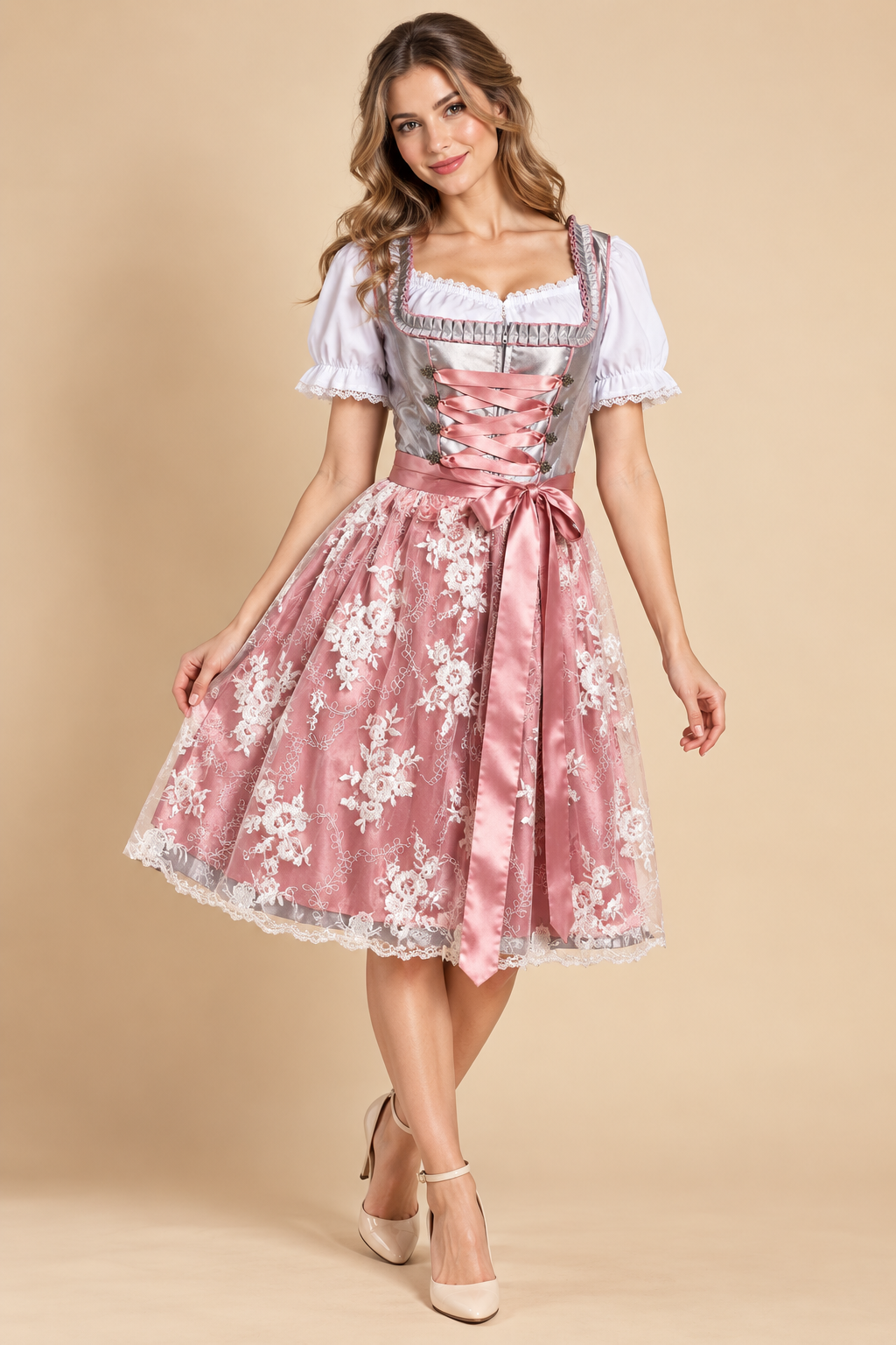 Damen Dirndl Kleid in Grau Rosa für Oktoberfest. Traditionelle Trachtenmode, ideal für Feste und bayerische Volksfeste.