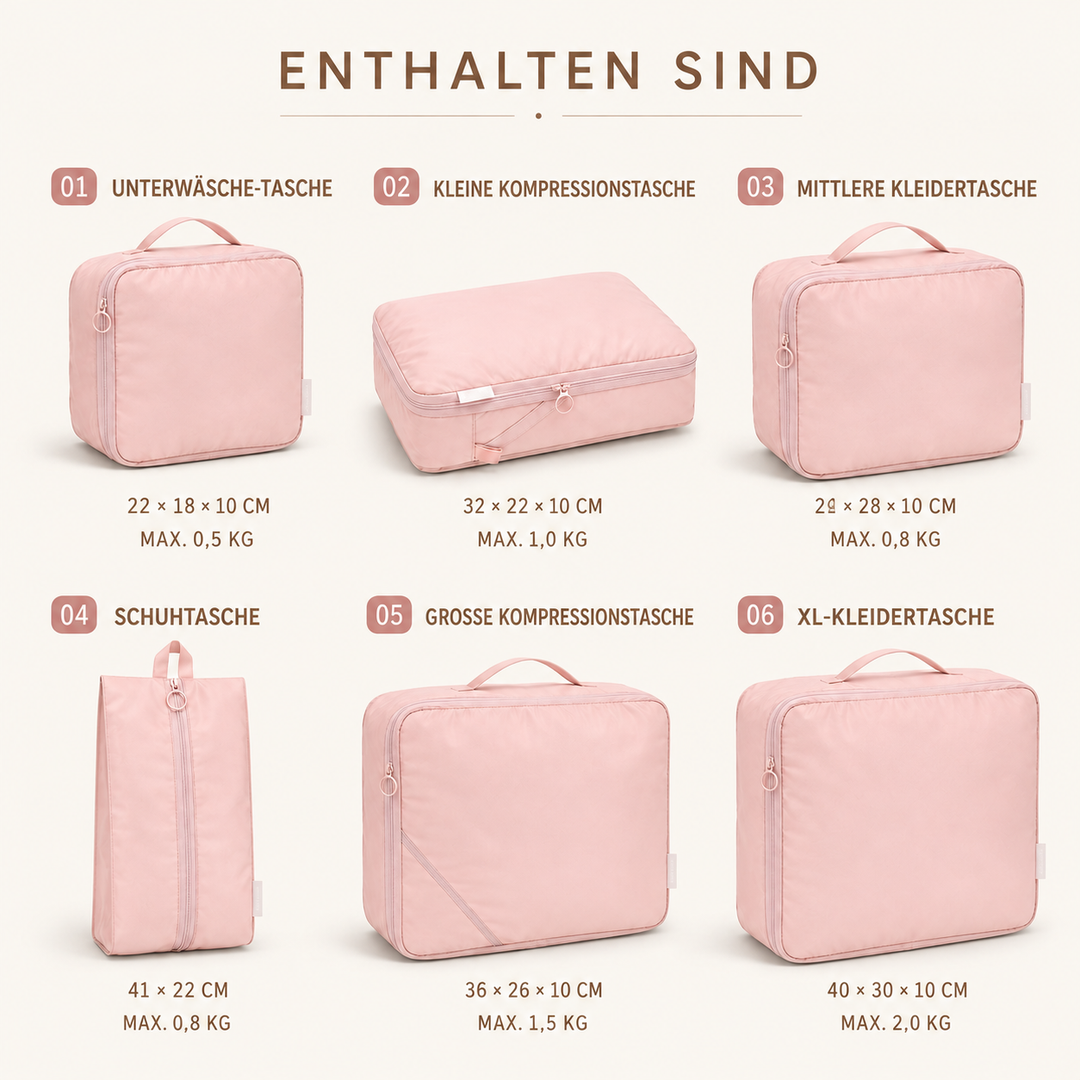 Rosa Voylix Kompressionstaschen mit Maßangaben und Kapazitäten