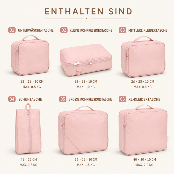 Rosa Voylix Kompressionstaschen mit Maßangaben und Kapazitäten