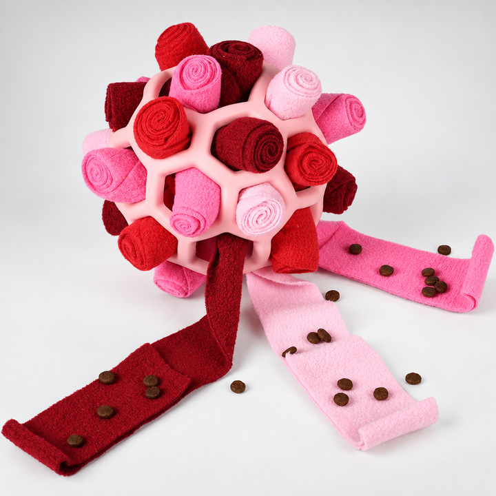 Schnüffelball mit Riemen für Hunde, buntes Fleece-Spielzeug für Nasenarbeit, Zerrspiel & Futter.