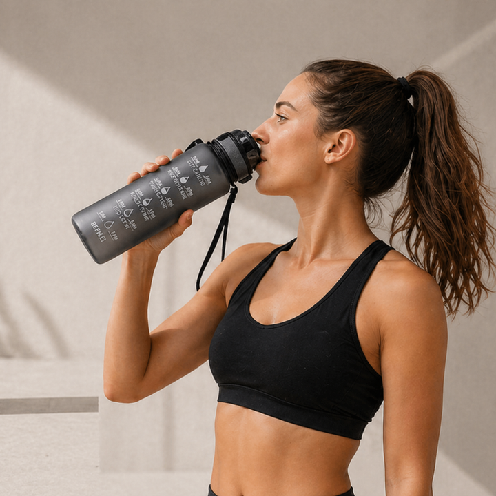 Stilvolle Motivations-Wasserflasche 1L, Farbverlauf, BPA-frei, mit Trinkzeitleiste, funktional & schick.