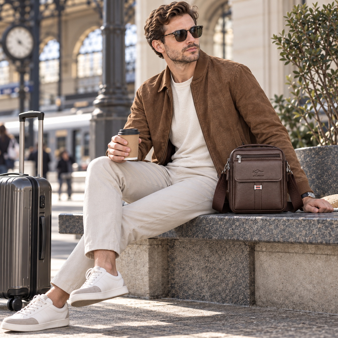 Herrentasche kombiniert mit lässiger Freizeitkleidung im Freien