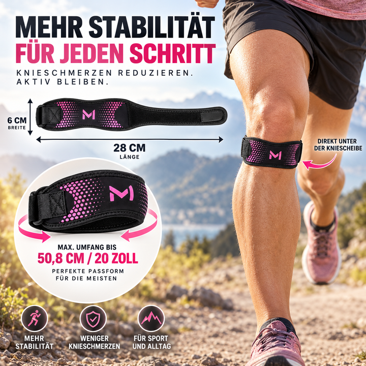 Grafische Übersicht mit Maßen und Pink-Variante der Stützbandage