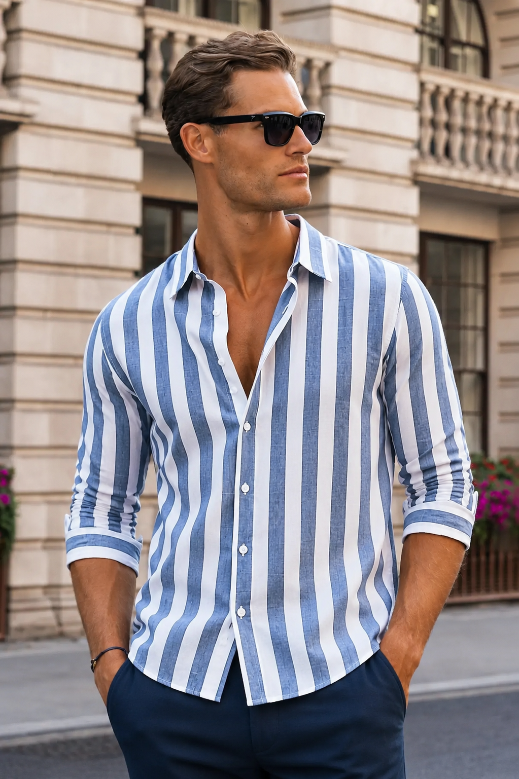 Herren Riviera Streifenhemd, klassisch mit langen Ärmeln, elegantes Design für moderne Herrenmode.