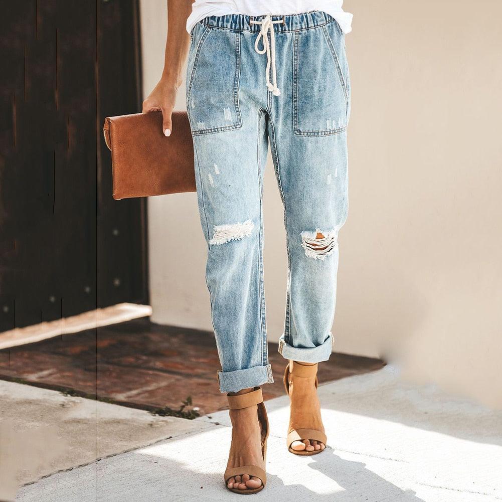 Damen Jogginghose Denim mit elastischem Bund in Himmelblau von vorne