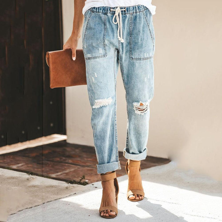 Damen Jogginghose Denim mit elastischem Bund in Himmelblau von vorne