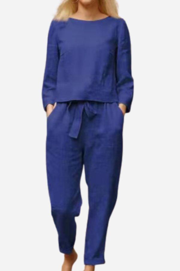 Damen Set in Königsblau mit Langarmshirt und Hose von vorne betrachtet