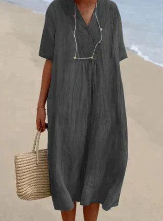 Modernes V-Ausschnitt Damen Sommerkleid, kurzärmlig. Bequeme & lockere Passform, ideal für warme Tage.