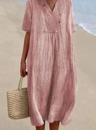 Leichtes Damen V-Ausschnitt Freizeitkleid mit Kurzarm. Bequemes, atmungsaktives Sommerkleid in eleganter Unifarbe.