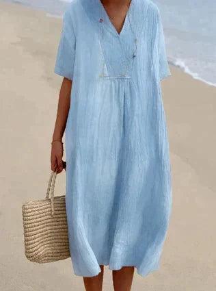 Elegantes Damen V-Ausschnitt Sommerkleid mit Kurzarm. Bequemes, unifarbenes Kleid für Freizeit & Alltag.