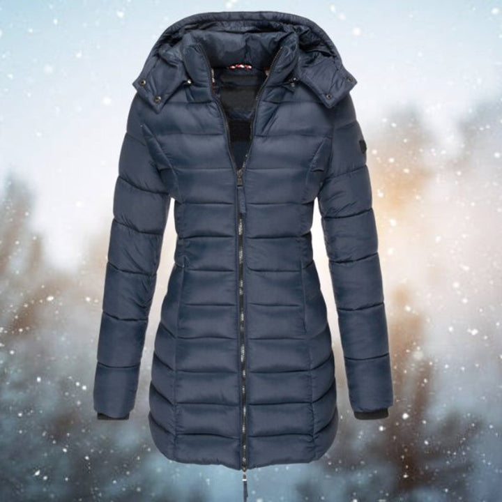 Damen lange Steppjacke in Marineblau mit Kapuze im Winter