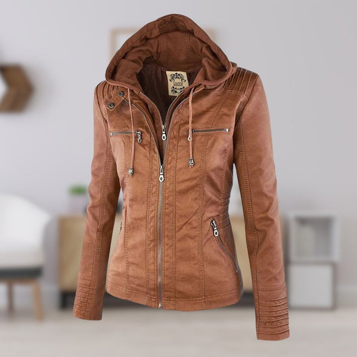 Brauner Damen Motorradmantel mit Kapuze im Slim Fit