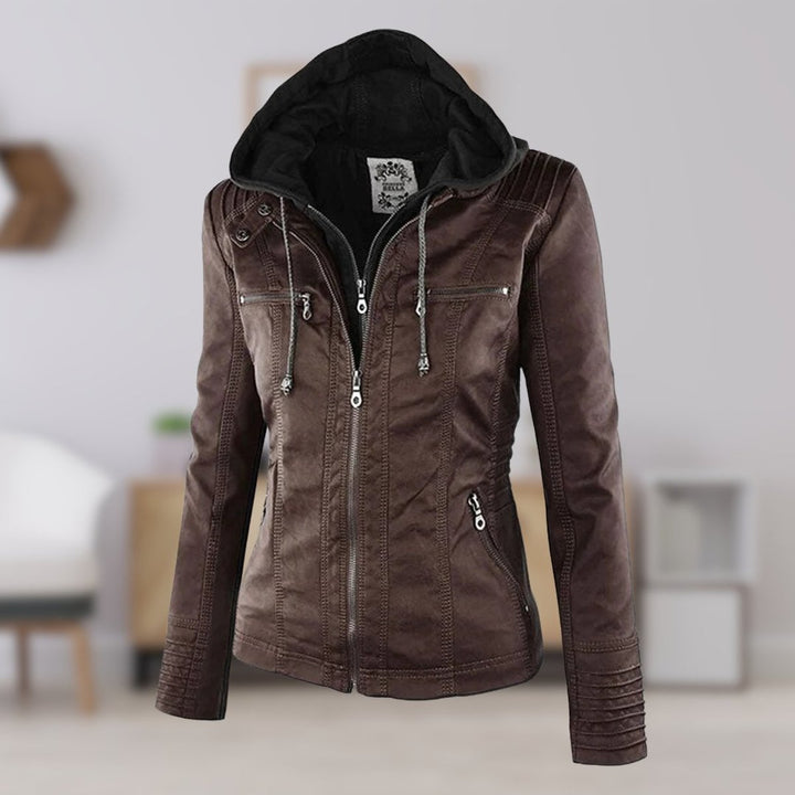 Dunkelbrauner Damen Motorradmantel für Herbst und Frühling