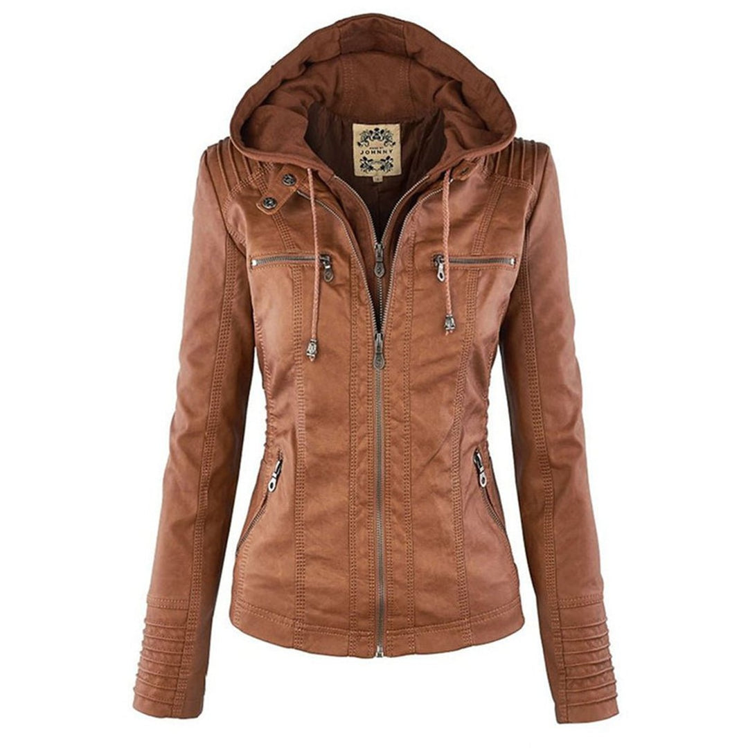 Damen Motorradmantel in Braun, Slim Fit Übergangsjacke mit Kapuze für modebewusste Bikerinnen