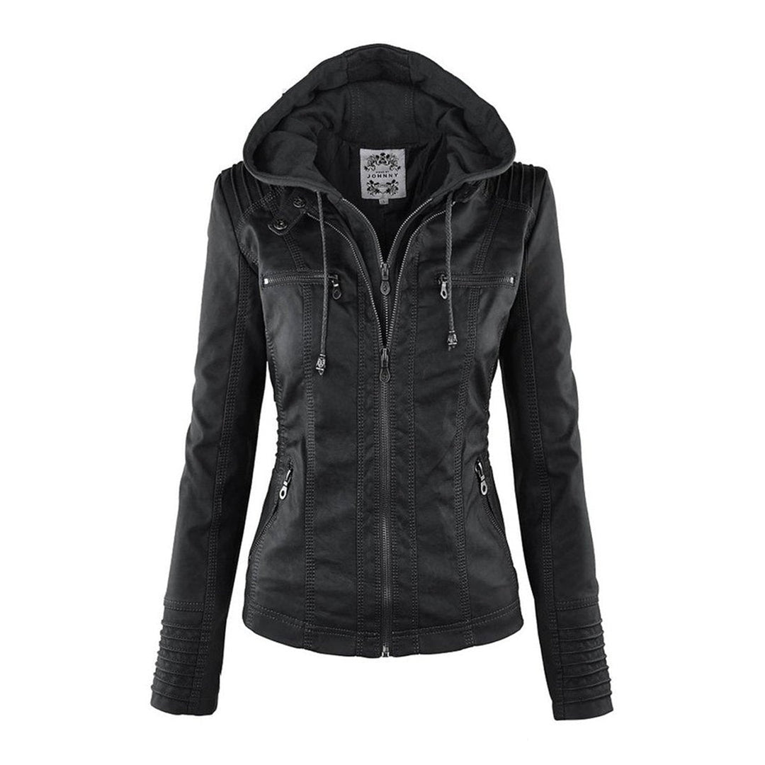 Schwarze Damen Motorradjacke als figurbetonter Mantel mit praktischer Kapuze, Seitenansicht