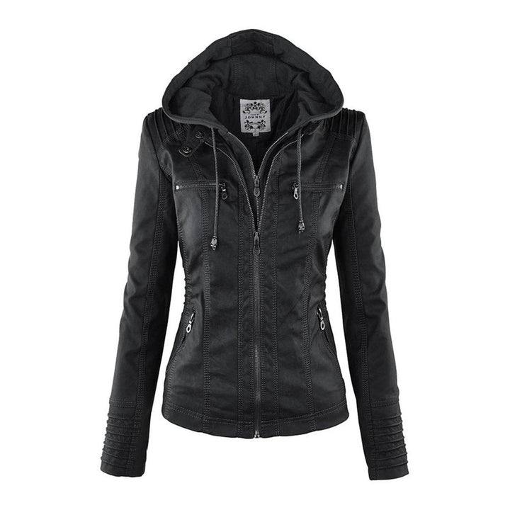Schwarze Damen Motorradjacke als figurbetonter Mantel mit praktischer Kapuze, Seitenansicht