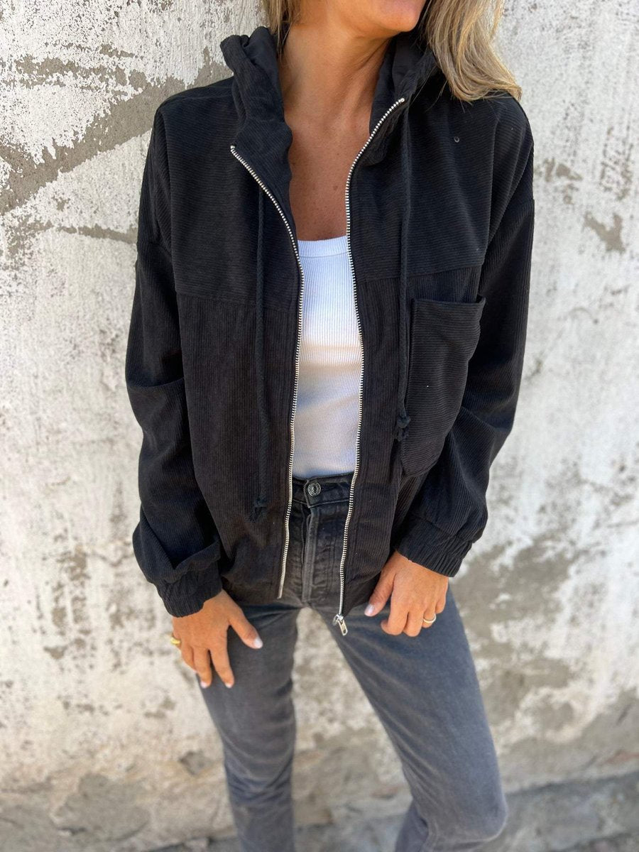 Schwarze Damen Oversize Steppjacke mit Kapuze und Reißverschluss für den Herbst