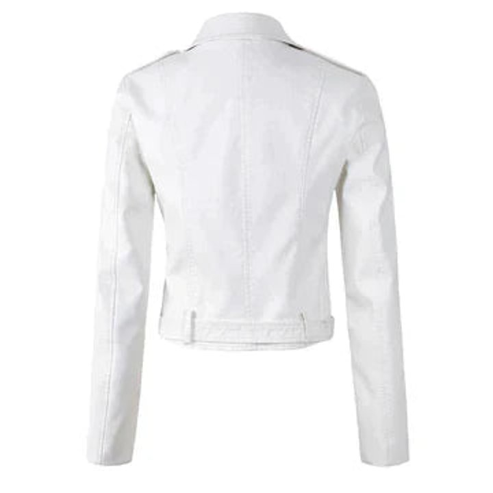Schwarze Damen Bikerjacke mit Taillengürtel und asymmetrischem Reißverschluss im Detail