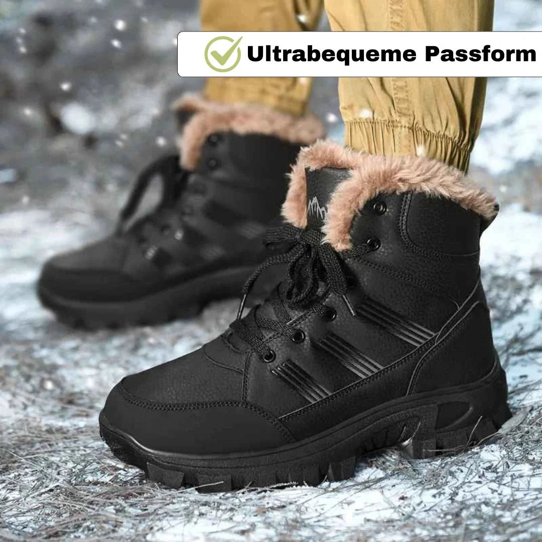 Frau trägt warme Damen Winterschuhe beim Spaziergang im Schnee, wasserabweisend & bequem.