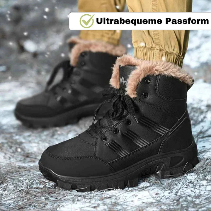 Frau trägt warme Damen Winterschuhe beim Spaziergang im Schnee, wasserabweisend & bequem.